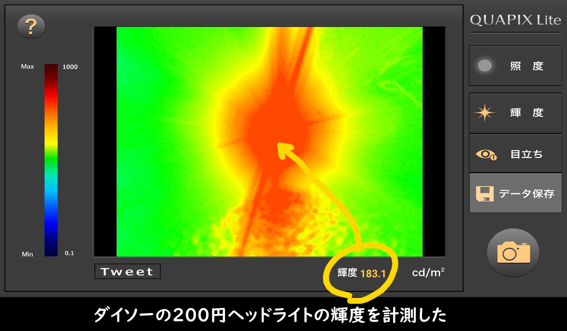 ダイソーの200円ヘッドライトの輝度を計測した
