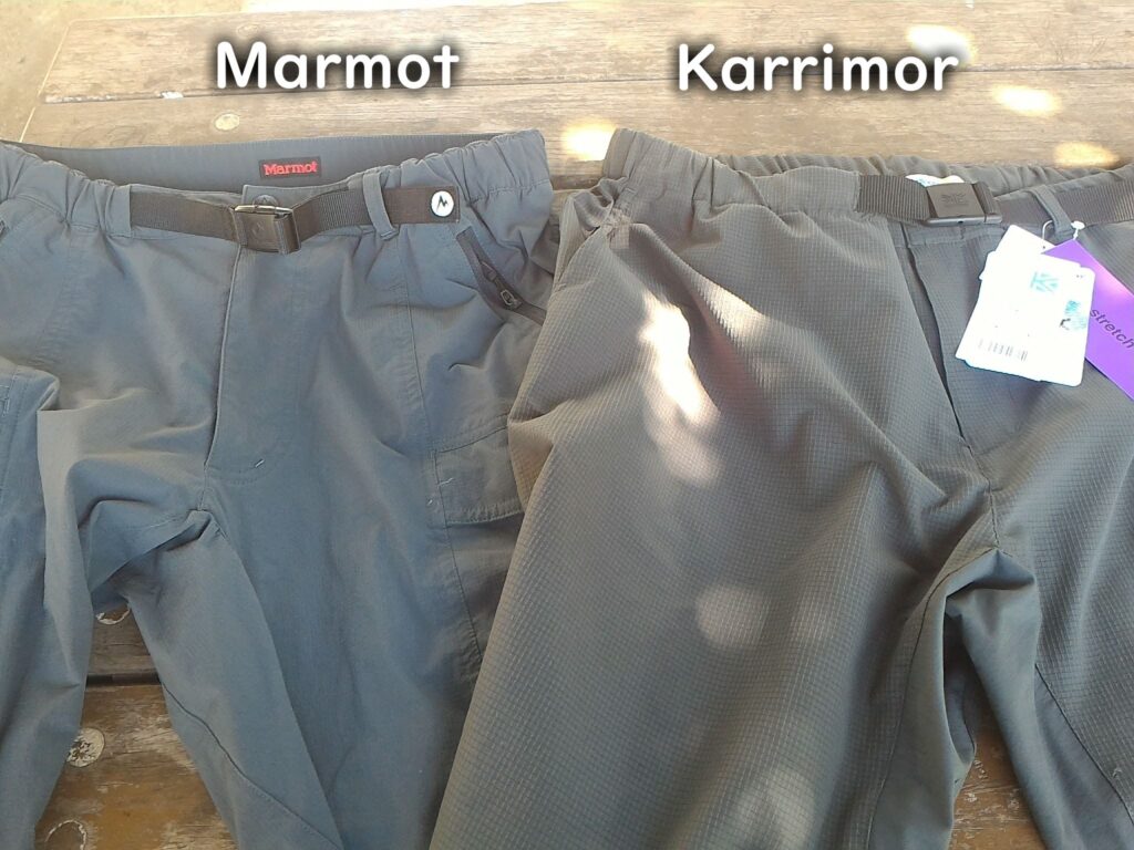 左がマーモットの「KIMU PANT」、右がカリマーの「DTA pants」